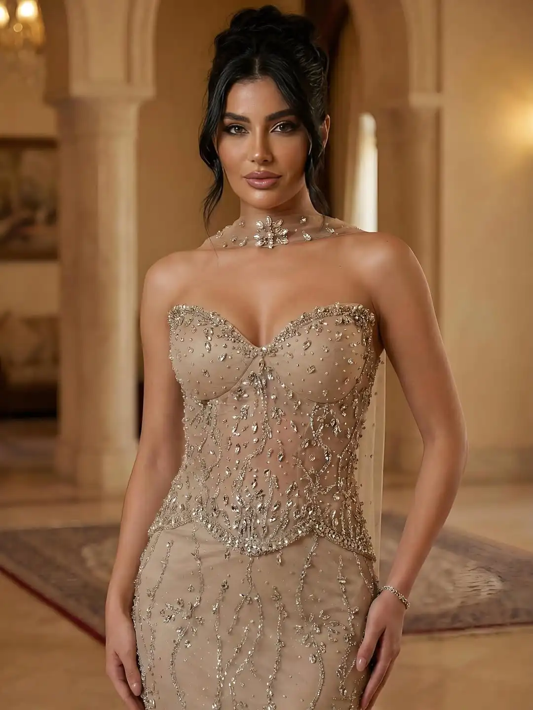 

Aunber Customized Gorgeous Diamond Appliques Decoration Celebrity Evening Party Dresses Elegant Strapless Mermaid Prom Gowns