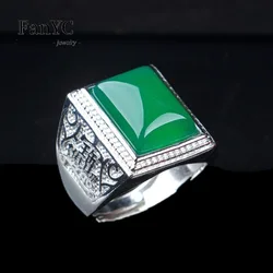 Natural 925 Silver Inlaid Green Agate Jade Ring Vintage Exquisite Men's Jewelry Adjustable Finger Ring Holiday Gift