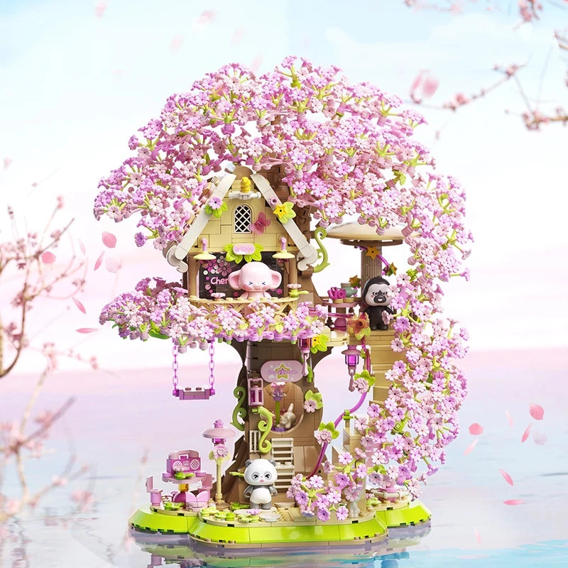 1613PCS City Street Scene Sakura Tree House Building Blocks MOC LED Light Music Romantic Decoration Model Bricks Toys Girls Gift