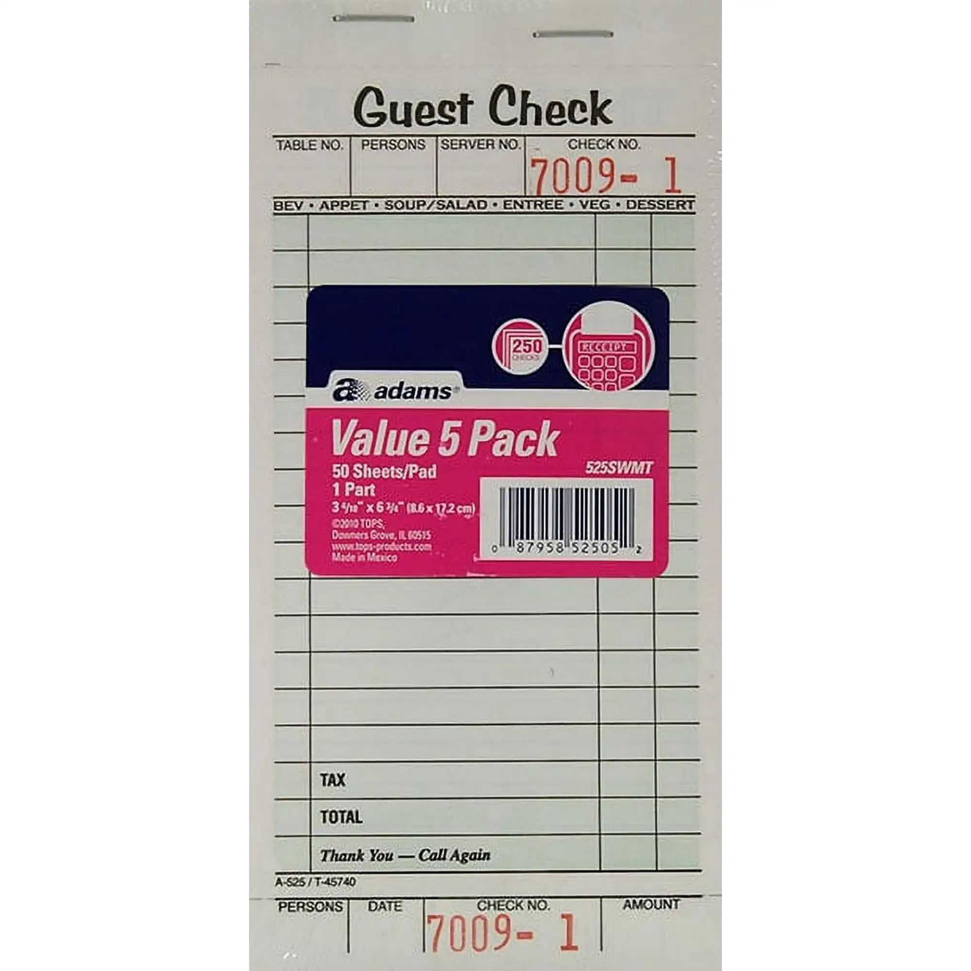 Adams Guest Check Form Pads, Single Part, Perforated, 50 Sheets per Pad, 5 Pads per Pack.