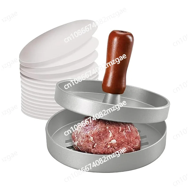

Aluminum Wooden Handle Hamburger Meat Patty Press Pad Round Patty Mold Kitchen Hamburger Press