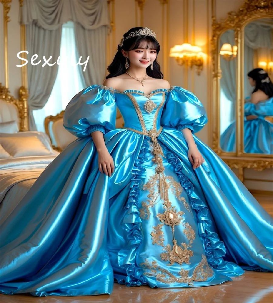 

Fantasy Victorian Blue Prom Dress Puffy Costume Halloween Evening Dress Lace Beaded Cosplay Aesthetic Medieval Party Customized