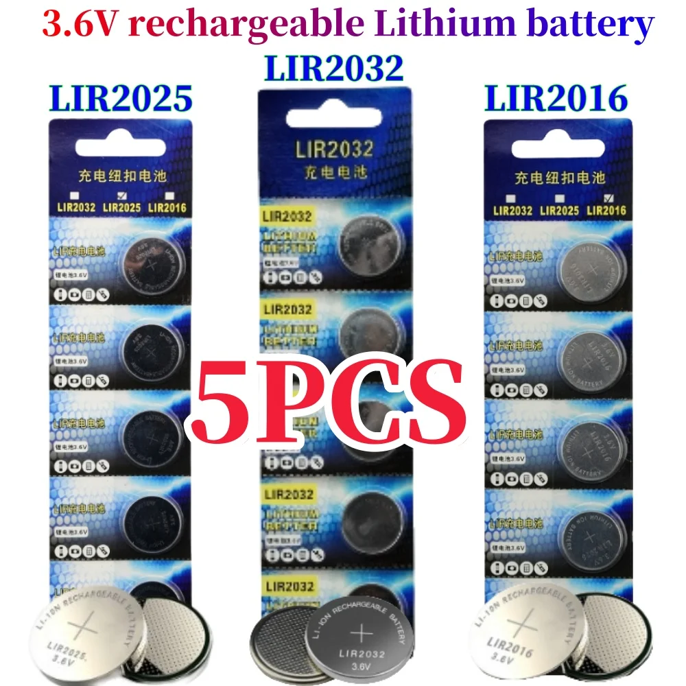 5PCS 3.6V LIR2032 LIR2016 LIR2025 Rechargeable Button Cell Batteries LIR 2032 Coin Cells CR2032 CR2025 CR2016 Watch Batteries