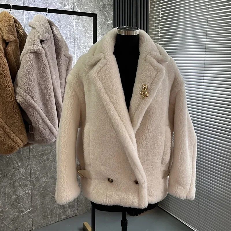 High Quality Teddy Bear Short Wool Coat Thick Natural Fur Loose Real Leather Belt Airplane Collar Warm Woolen Jacket Fit Winter