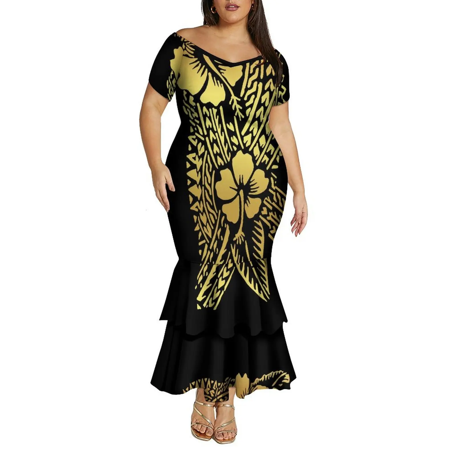 Vestido feminino grande com decote em V, ombro de fora, camada dupla, rabo de peixe, um padrão de vestido fino feito sob medida para polinésia