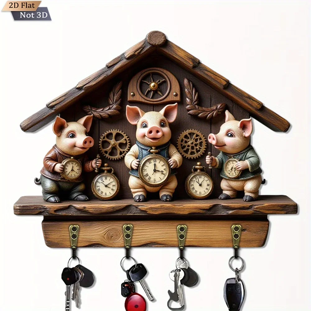2D Flat, 1pc, Three Little Pigs Wooden House Gear Key Hook, Wooden Multi-purpose Home Key Holder with Four Metal Hooks,