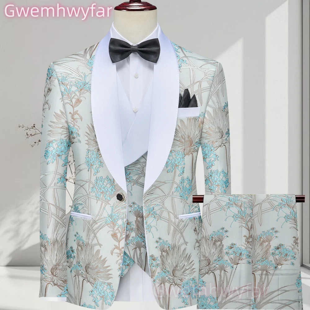 

Gwenhwyfar Elegant Formal Men Suit Groom Tuxedo Printed Jacquard Prom Slim Fit Blazer Western Wedding Events (Jacket+Vest+Pants)