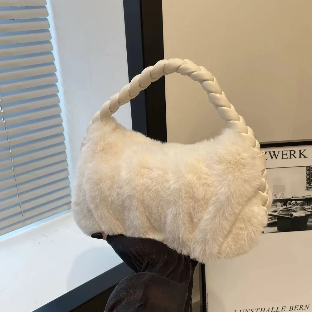 

Elegant Furry Shoulder Bag Solid Color Soft Tote Bag Fluffy Zipper Clutch Bag