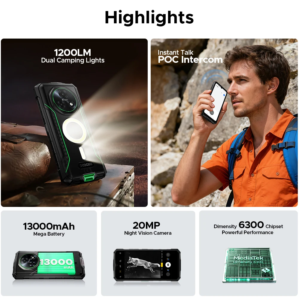 DOOGEE Fire 7 Pro 5G Robustes Telefon Dual Camping Lichter 1200LM Unterstützung PoC 13000 mAh Akku 6,6'' Bildschirm Android 15 Smartphone