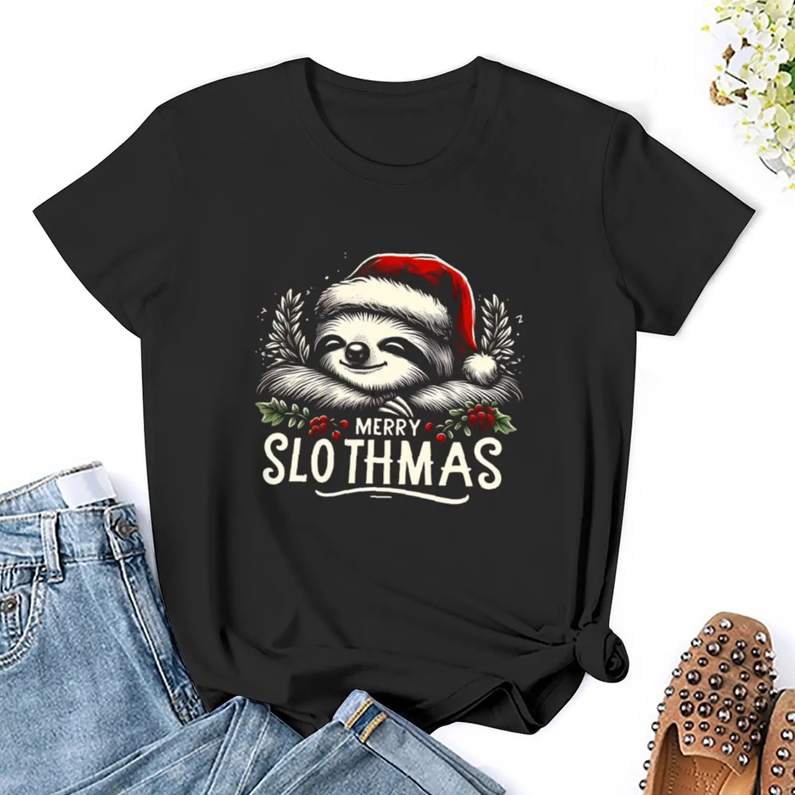 เสื้อยืดกีฬา Merry slothmas สำหรับผู้หญิงเสื้อยืดพิมพ์ลายสัตว์สำหรับผู้หญิง