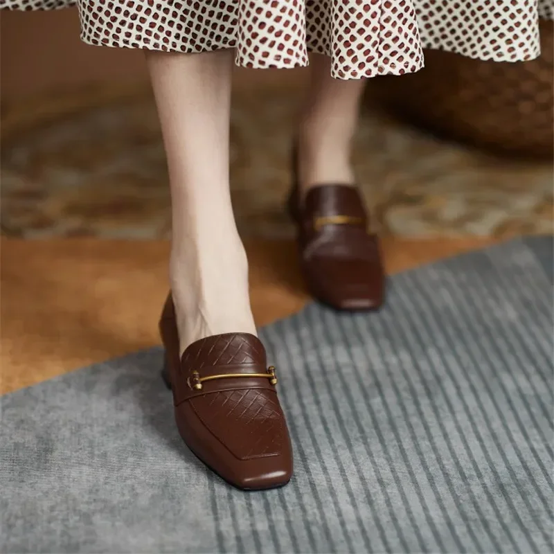 Women Shoes Fashion Genuine Leather Loafers Slip-On  Women's Flat Shoes Square Toe Thick Heel Handmade Size 34-40