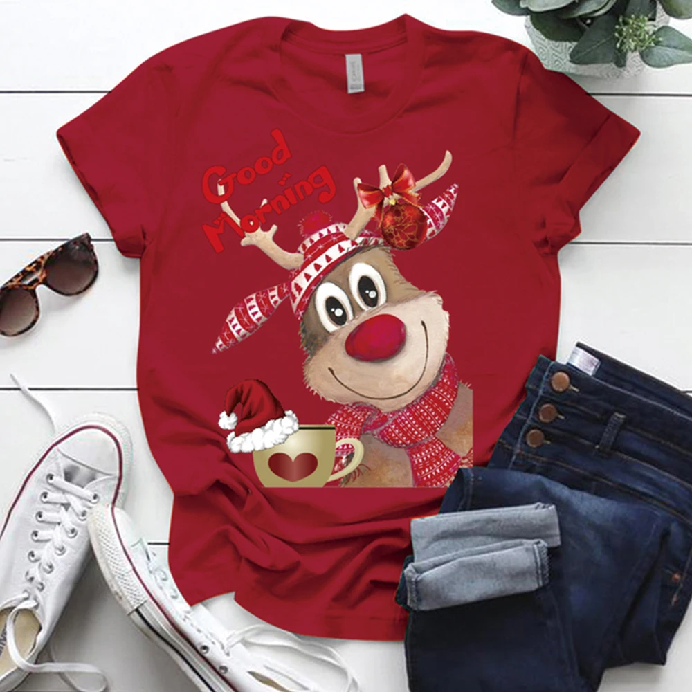 Christmas Reindeer Good Morning Print Cute Print Holiday Women's T-Shirt S-5XL Funny Cute Top Women's Christmas T-Shirt