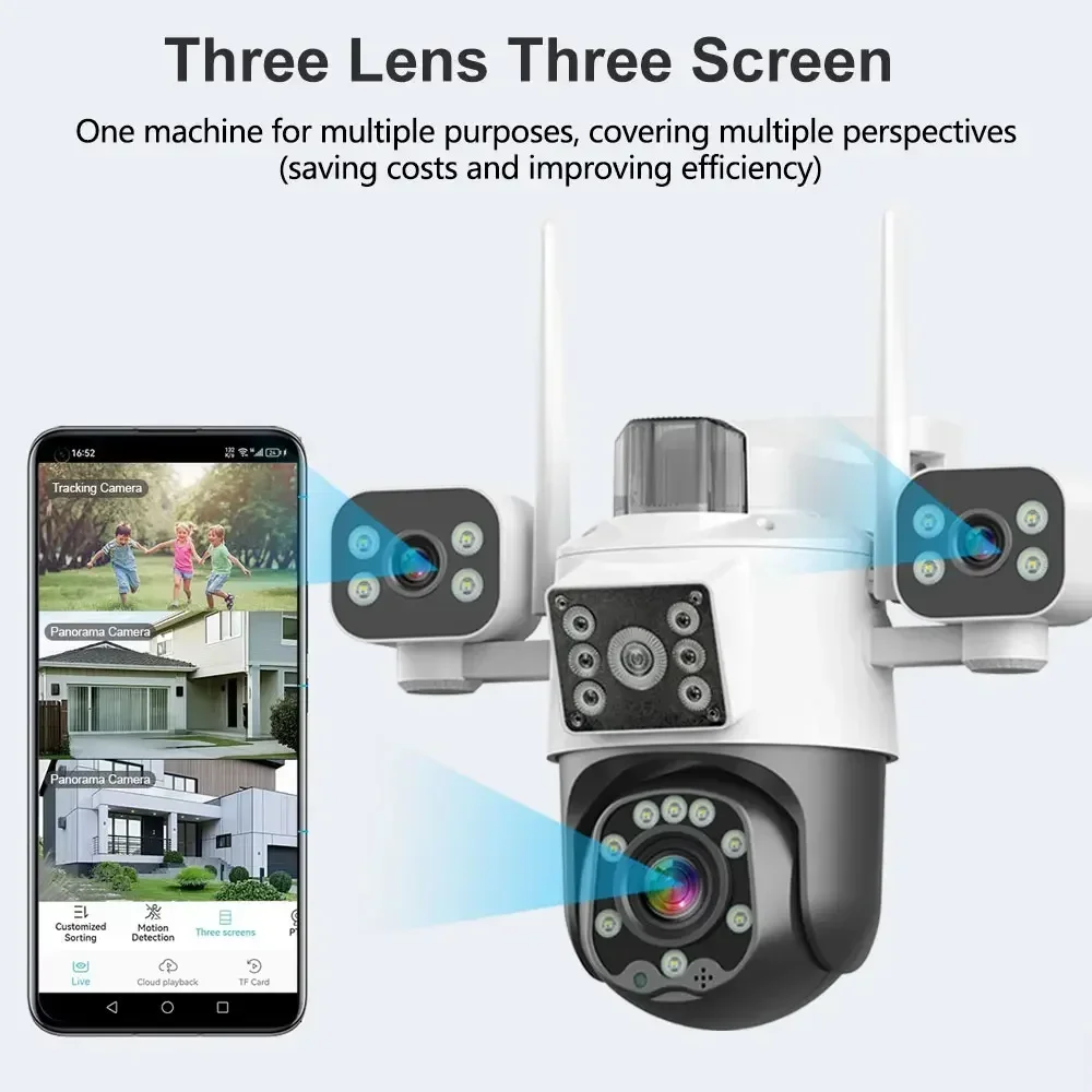 Telecamera IP WIFI HD da 15 MP Tre schermi Tre lenti Tracciamento automatico IP66 Video CCTV impermeabile Sicurezza Visione notturna a colori Cam iCsee