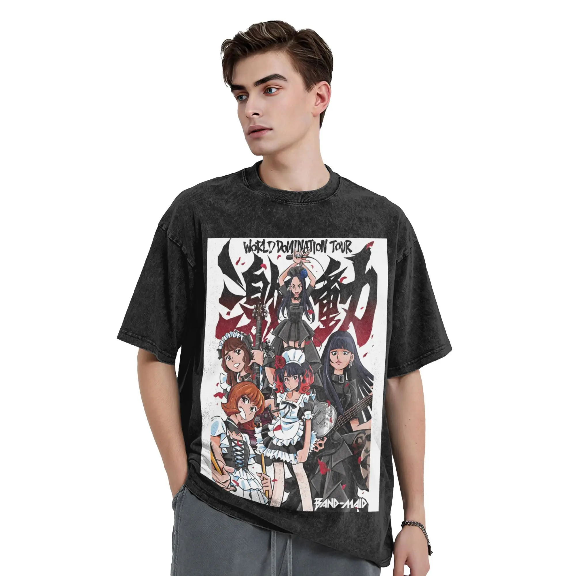 Band Maid World Domination Washed T Shirts Streetwear Hip Hop Cool T-Shirts  Tees for Men Women Cotton Harajuku Graphic