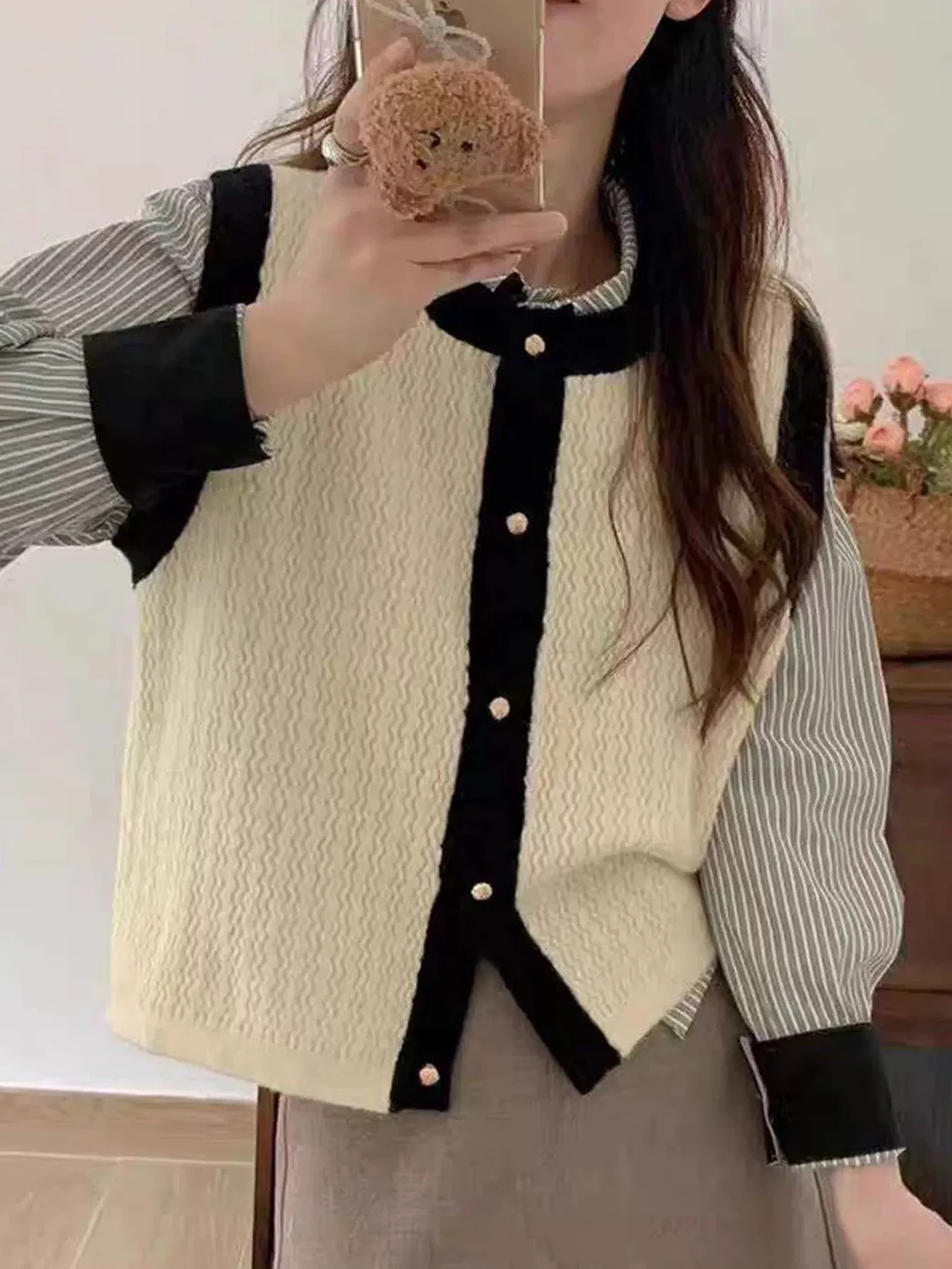 Korean Style Lazy Striped round Neck Knitted Cardigan Women's Spring Autumn Fashion Personality Layering Sleeveless Top
