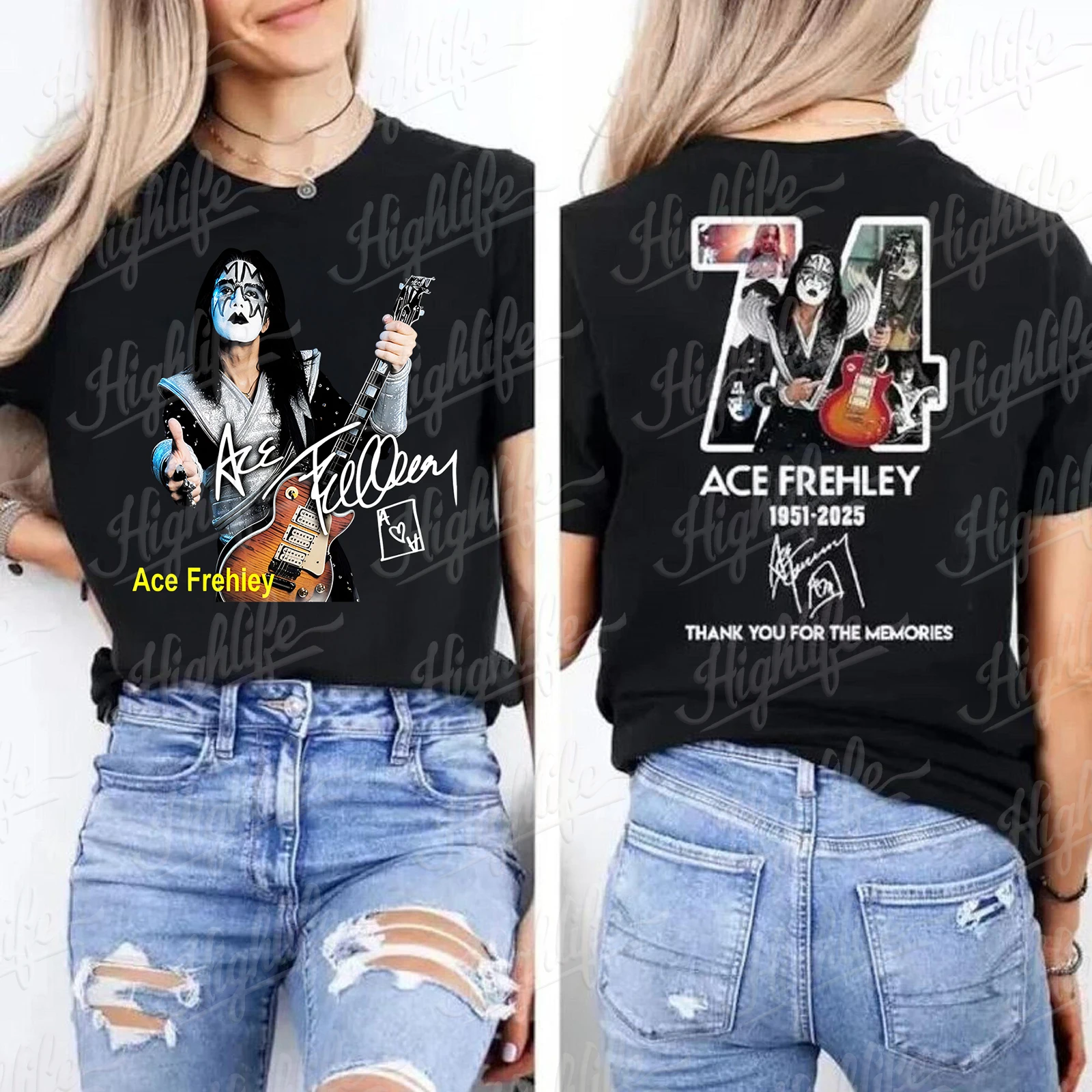 الرجال النساء جديد وصول Ace Frehley RIP 1951 2025 تي شيرت قبلة الفرقة رائد الفضاء المحملة تحية 2 الوجهين قميص شكرا لك على الذكريات