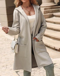 Autunno nuove eleganti giacche Casual da donna con cavo strutturato cappotto lungo con cappuccio Cardigan invernale cappotti solidi per le donne 2023