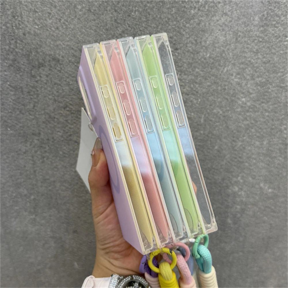 Candy Color Magnetic For Magsafe Wireless Charging Wrist Strap Phone Case For iPhone 17 13 14 15 16 Pro Max Shockproof Cover
