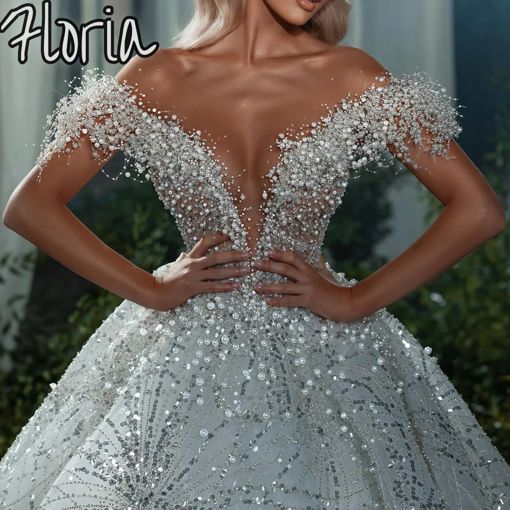 

Luxury Backless Beaded Pearls Customized Wedding Dress With Tassel Sleeves Deep V neck Sequin Custom Made Vestido De Novia