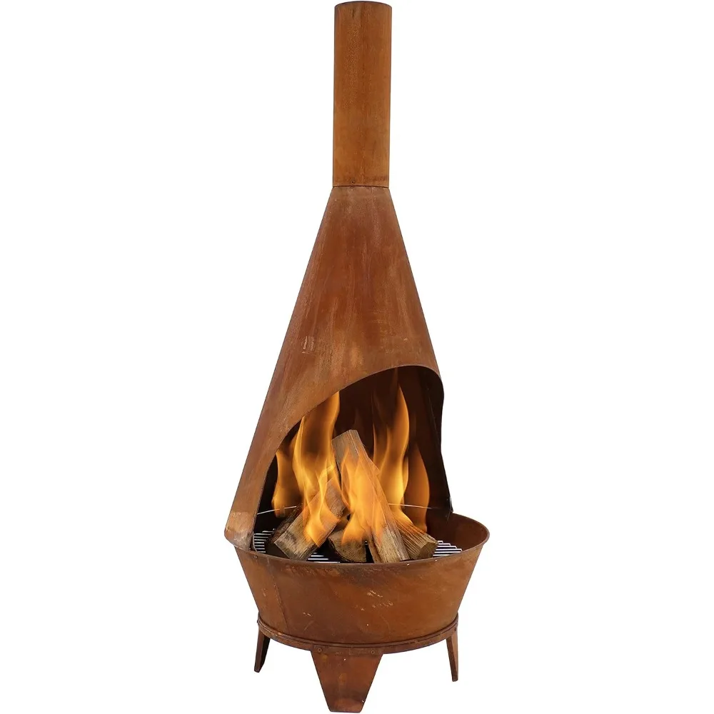 

6-Foot Rustic Oxidized Cold-Rolled Steel Mexican-Style Chiminea - Rust Patina - Built-in Wood Grate