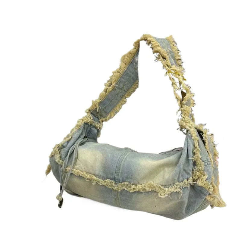 original-denim-bag-retro-washed-cloth-rough-edge-fringed-bag-large-capacity-commuter-large-cylinder-shoulder-messenger-bag-retro