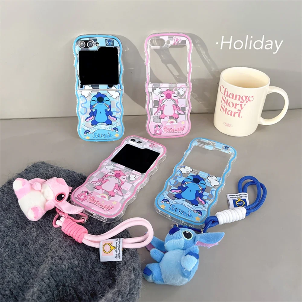 Disney Stitch Angel with Lanyard Doll Phone Case for Samsung Galaxy Z Flip 3 4 5 5G PC Hard Anti-drop Back Cover Funda