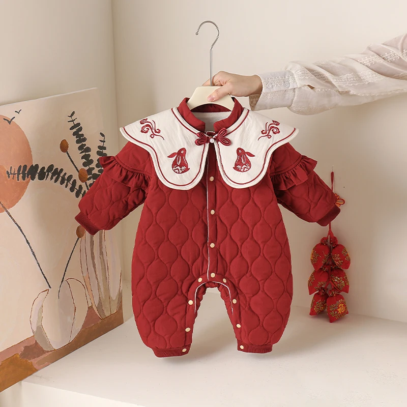 

Autumn Winter Baby Girl's Fleece Lined Romper Windbreaker Collar Outfit Crawling Suit High Waist Long Pants Polyester Fiber