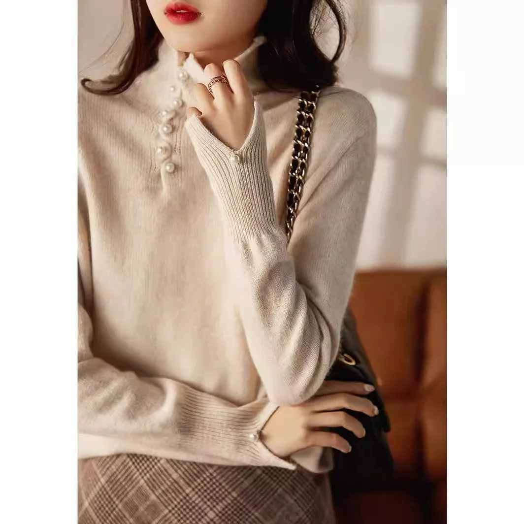 Gola alta cor sólida camisa de fundo feminino novo coreano outono e inverno de manga comprida fino macio e confortável camisola de malha