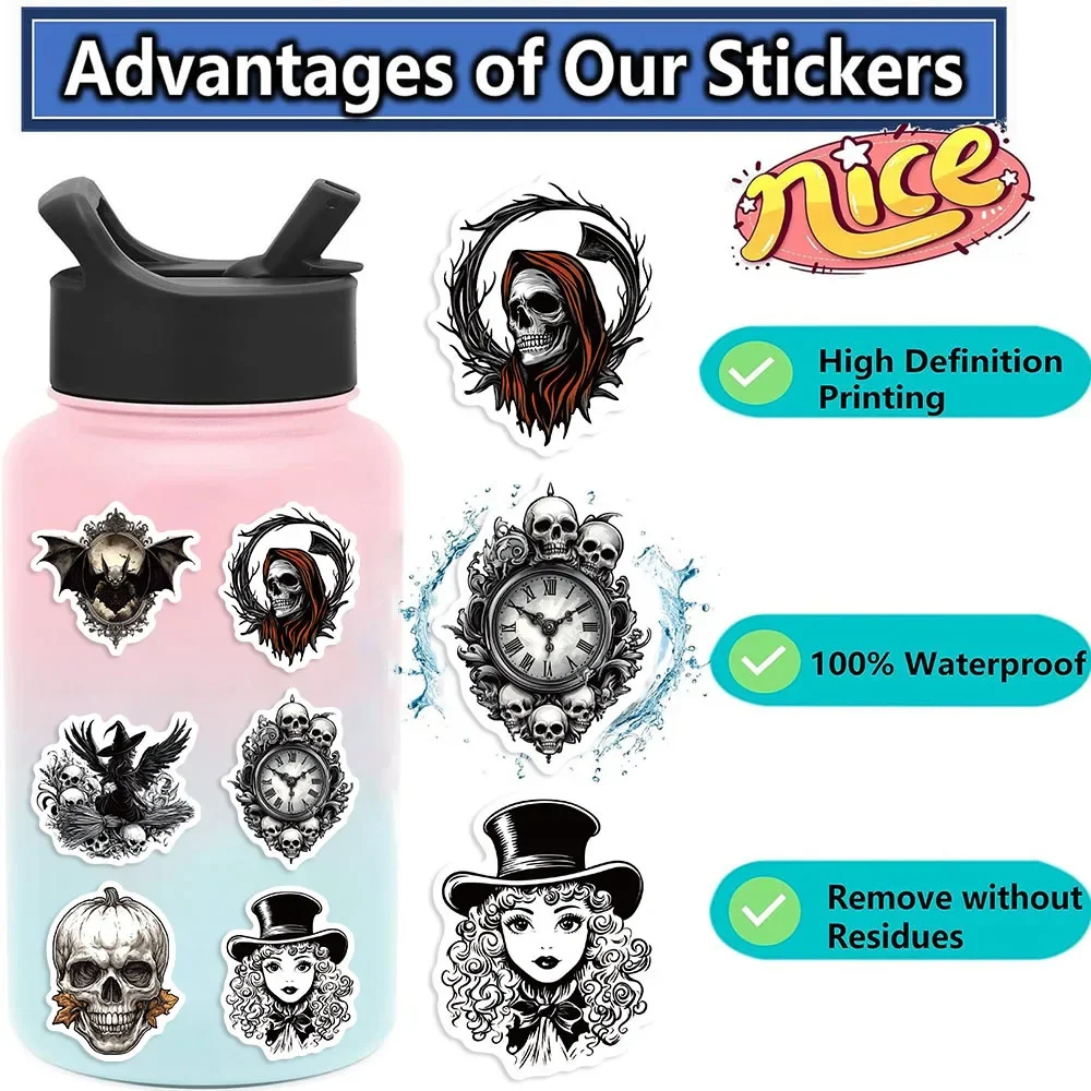 50 Pcs Cartoon Black & White Skeleton Graffiti Stickers Decorate Guitar Notebook Luggage DIY Waterproof Stickers For Gifts