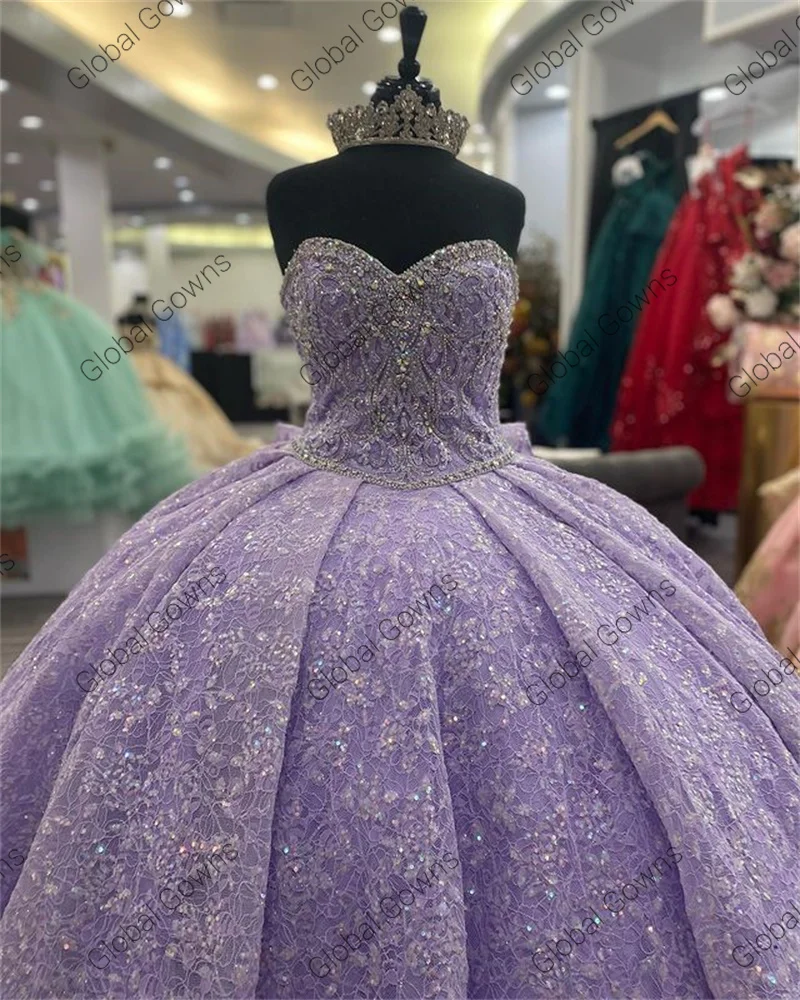 Vestido de fiesta púrpura brillante con escote corazón para niña, vestido de fiesta de cumpleaños con cuentas de vestido para quinceañeras, con lazo para graduación en la espalda