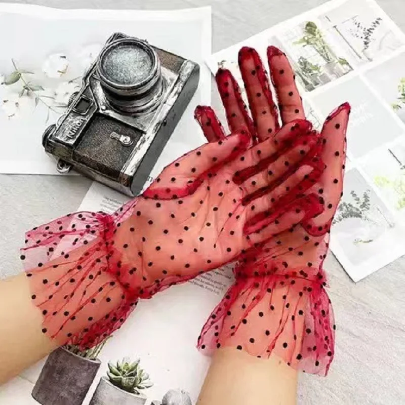 Hentic Summer Black Lace Short Sunscreen Bicycle Gloves Women's White Finger Net Wedding Gloves