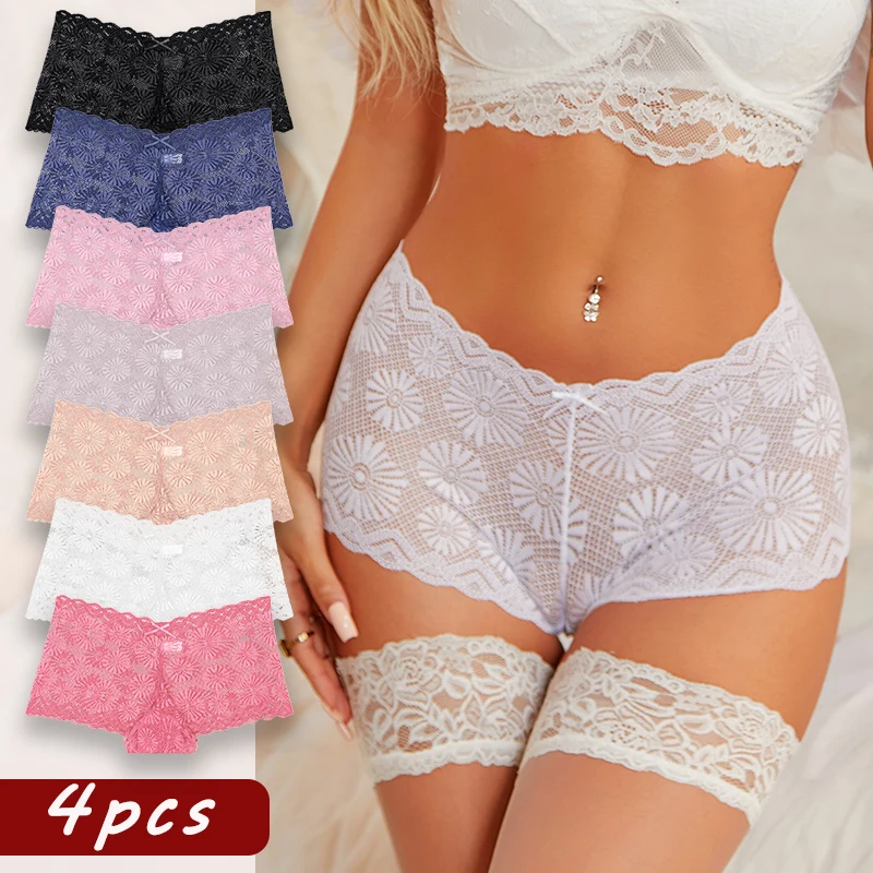 

4pcs Sexy Lace Transparent Pantie Women Hollow Boxers Low Waist Soft Lingerie Soft Comfortable Intimates Panties Sexy Sleepwear