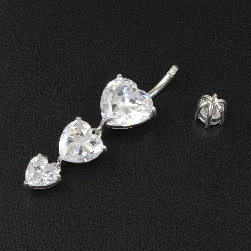 925 sterling silver navel ring heart body jewelry women dangle real pure silver S925 piercing jewelry 6 8 10 mm pin length