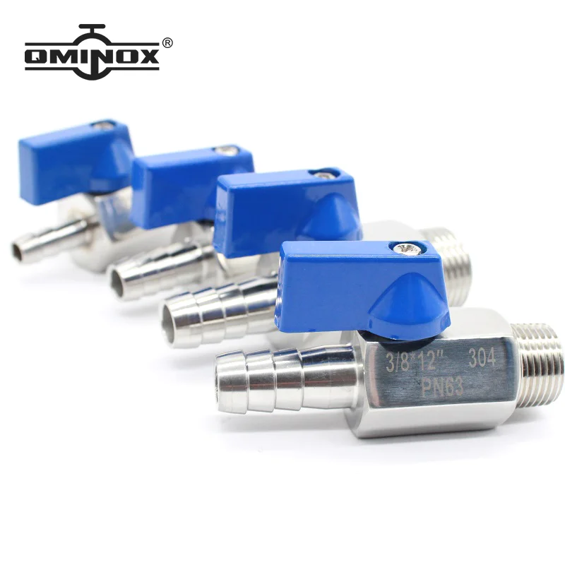 QMINOX SS304 BSP Standard Male Hose Barb Stainless Steel Sanitary Mini Ball Valve With Blue Plastic Handle1/8 -3/4 to 7-20mm 