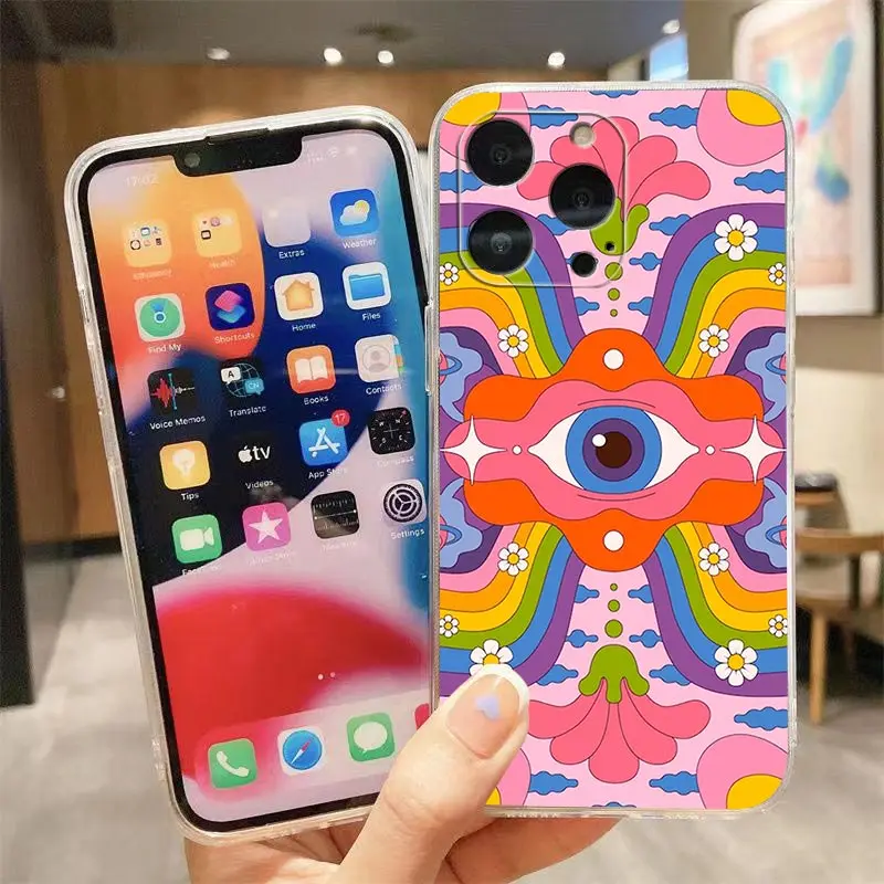 Clear Phone Case For iPhone Apple 14 12 13 Mini 11 Pro SE 8 7 6 6S Plus X XR XS Max SE Case Funda Capa Shell Indie Hippie Art