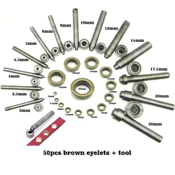 50 zestawów brązowych oczek i mosiężnych dziurkaczy do oczek do skórzanych dżinsów, odzieży, toreb, 3-20 mm