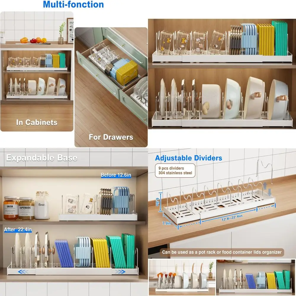 

Органайзер для кастрюль и сковородок под шкафом, 22 дюйма, расширяемый контейнер для хранения историй, органайзеры с крышкой и 9 регулируемыми перегородками, горшок