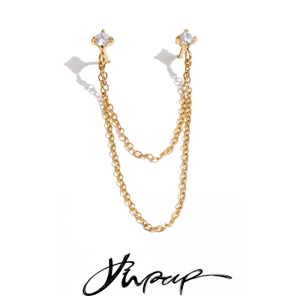 Yhpup 1PC Stainless Steel Earrings for Women Zirconia Double Chain Drop Attractive Aesthetic Jewelry Accessories
