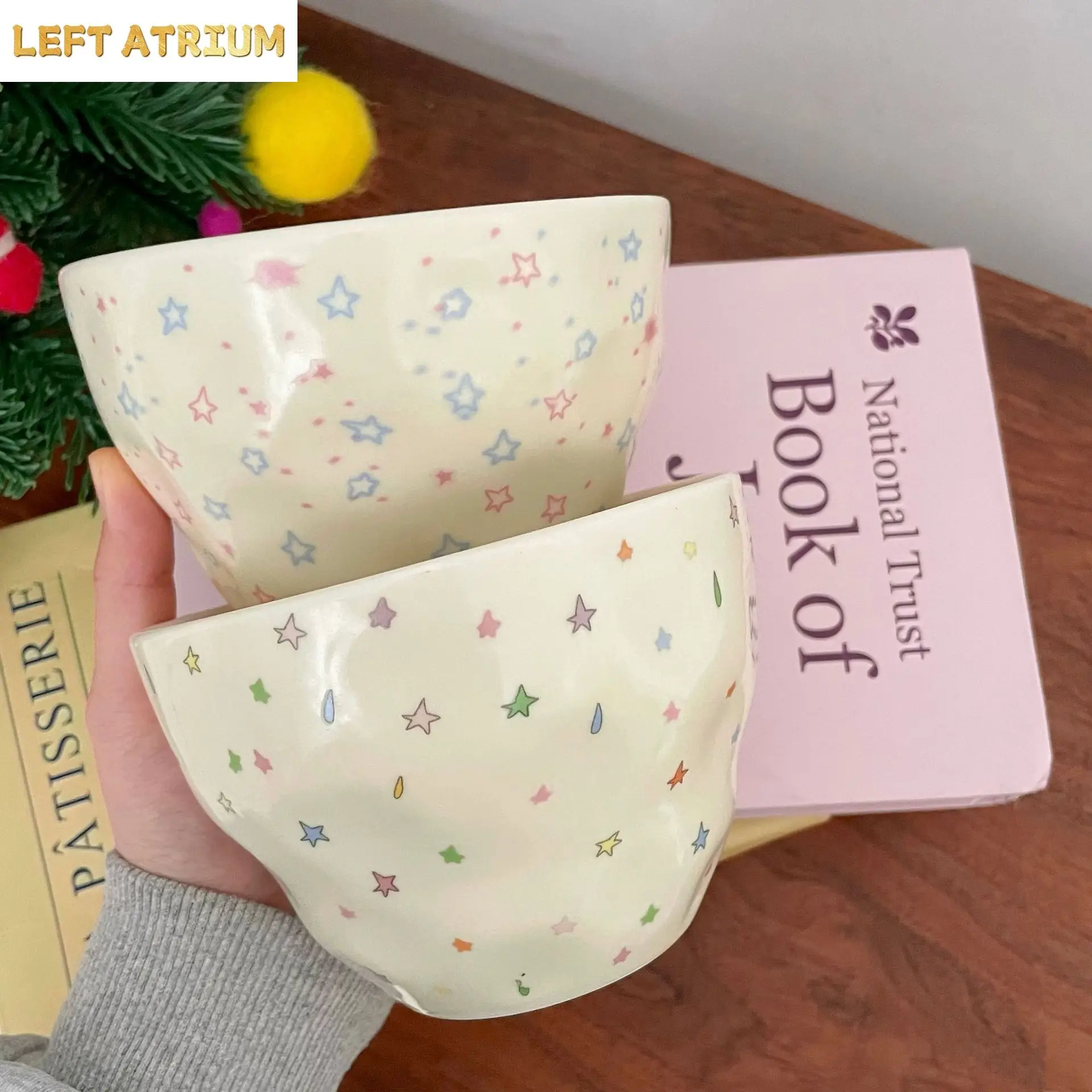 

Colorful Stars Print Ceramic Bowl Flower Pattern Round Yogurt Bowl Home Dinnerware Casual Salad Serving Tableware Large Capacity