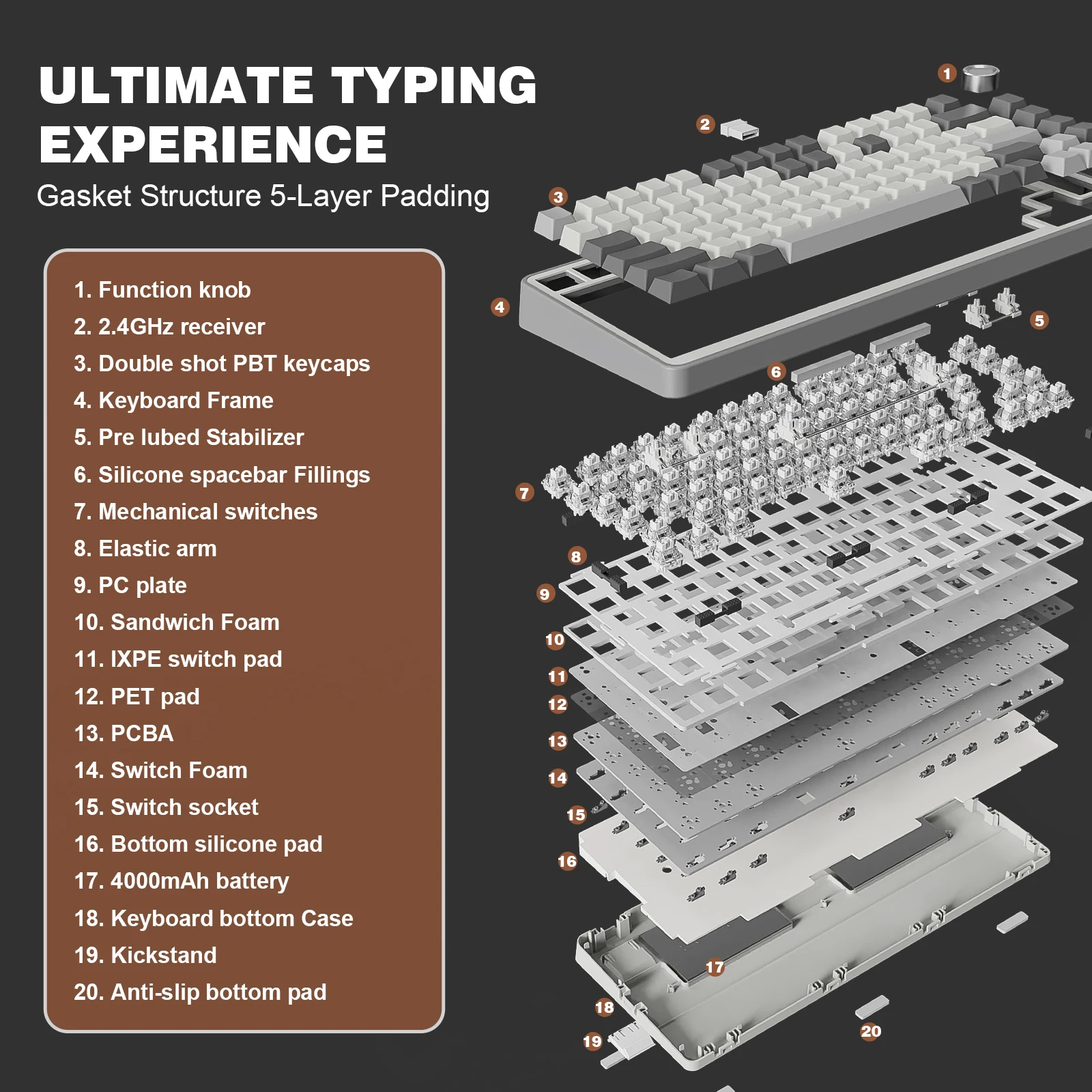 Imagem -06 - Yunzii B75 Pro Cinza 75 Teclado Mecânico sem Fio de 82 Teclas para Jogos Junta de Troca Quente Personalizado Rgb bt Tipo-c 2.4g Botão Cremoso Keeb