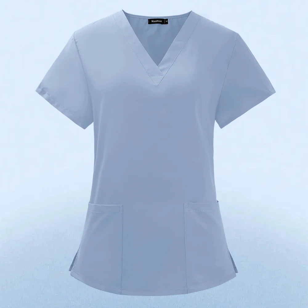 Nurse Uniform Clinic Blouse Summer Women's Short Sleeve V-neck Pocket Care Workers T-shirt Tops Summer Workwear Fsahion Tops