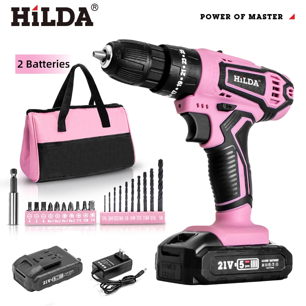 HILDA 21V Micro Drill Adjustment for Household Power Driver Eletric Screwdriver Tools with 2Lithium ion Battery 25+1 Torque