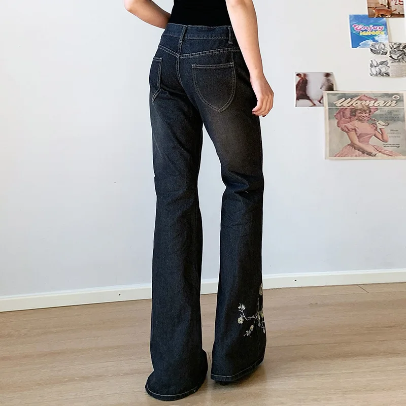 Jeans Women Y2k Pants Vintage American Retro High Street Bodycon Slim Fit Flared Low Rise Plant Embroidery Long Trousers