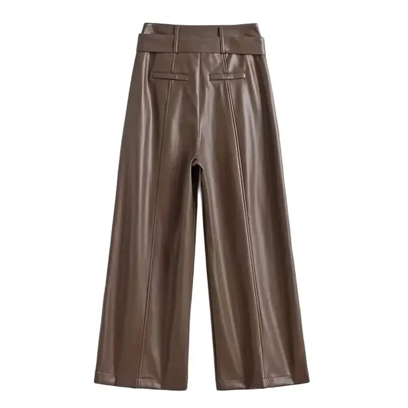 Black Genuine Leather Pants Women Sheepskin Straight Pants Spring Autumn High Waist Belt Ankle-Length Pant Loose Casual Trousers