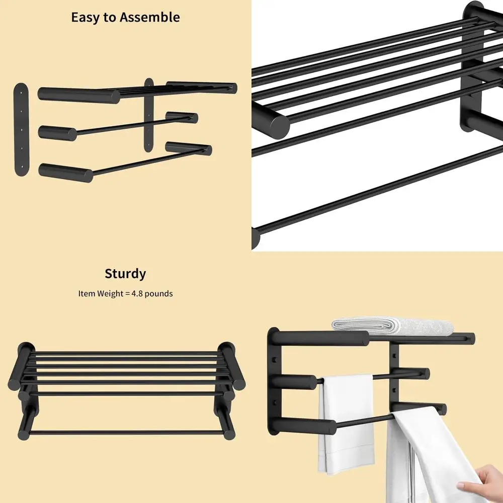 

24 Wall-Mounted Towel Rack with 2 Bars, Matte Black Bathroom Storage Organizer