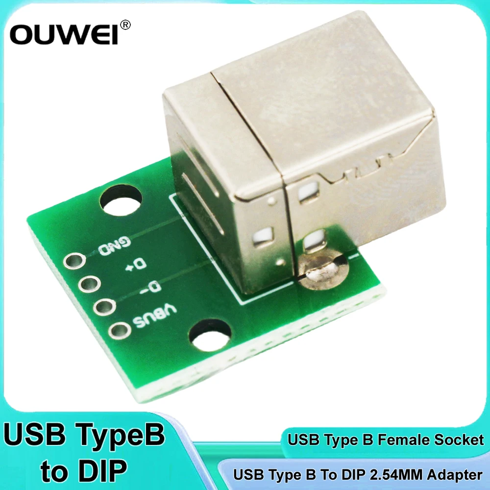 5PCS USB Type B to DIP Adapter Female 2.54mm 4 Pin Pitch Connecter Straight Plug Square Interface Printer Connection for Arduino