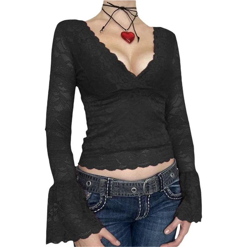 Temperament Slim Fitting Lace Top Y2k Clothing Women's Perspective V-neck Long Sleeved T-shirt Fairy Sexy 2000s Street YDL04