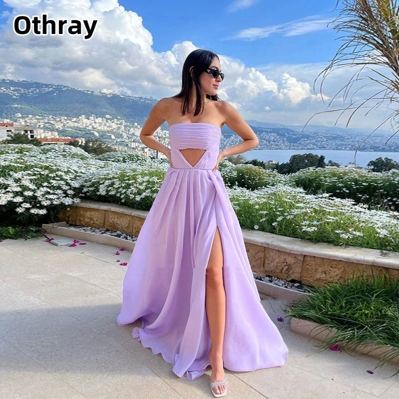 

Othray Strapless Sleeveless Pleat Evening Dresses Backless Beach Celebrity Gowns Dubai Split Party Dresses Robe De Mariée