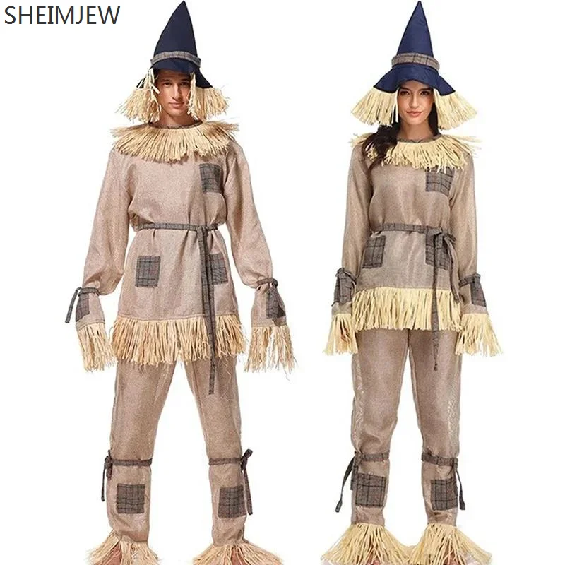 

Halloween Scarecrow Cosplay Onesie Couple Costume Men Women Novelty Game Uniform Hat Sets Carnival Stage Performance Costumes