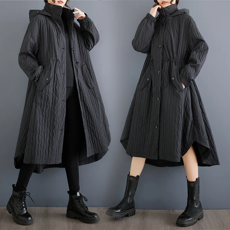 

Faionable Autumn Winter Windbreaker Hooded Coat Waist Cord Slimming Irregular Hemline Retro Sle Thiened Cotton Jaet